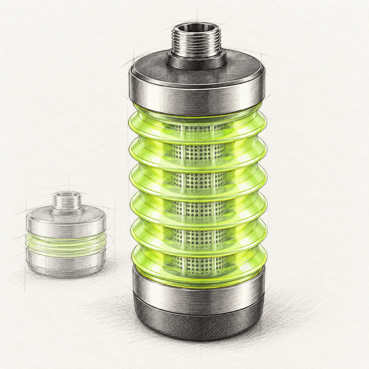 Hand-drawn style AQUAFLOW concept sketch with a lime accordion body and visible filter cartridge